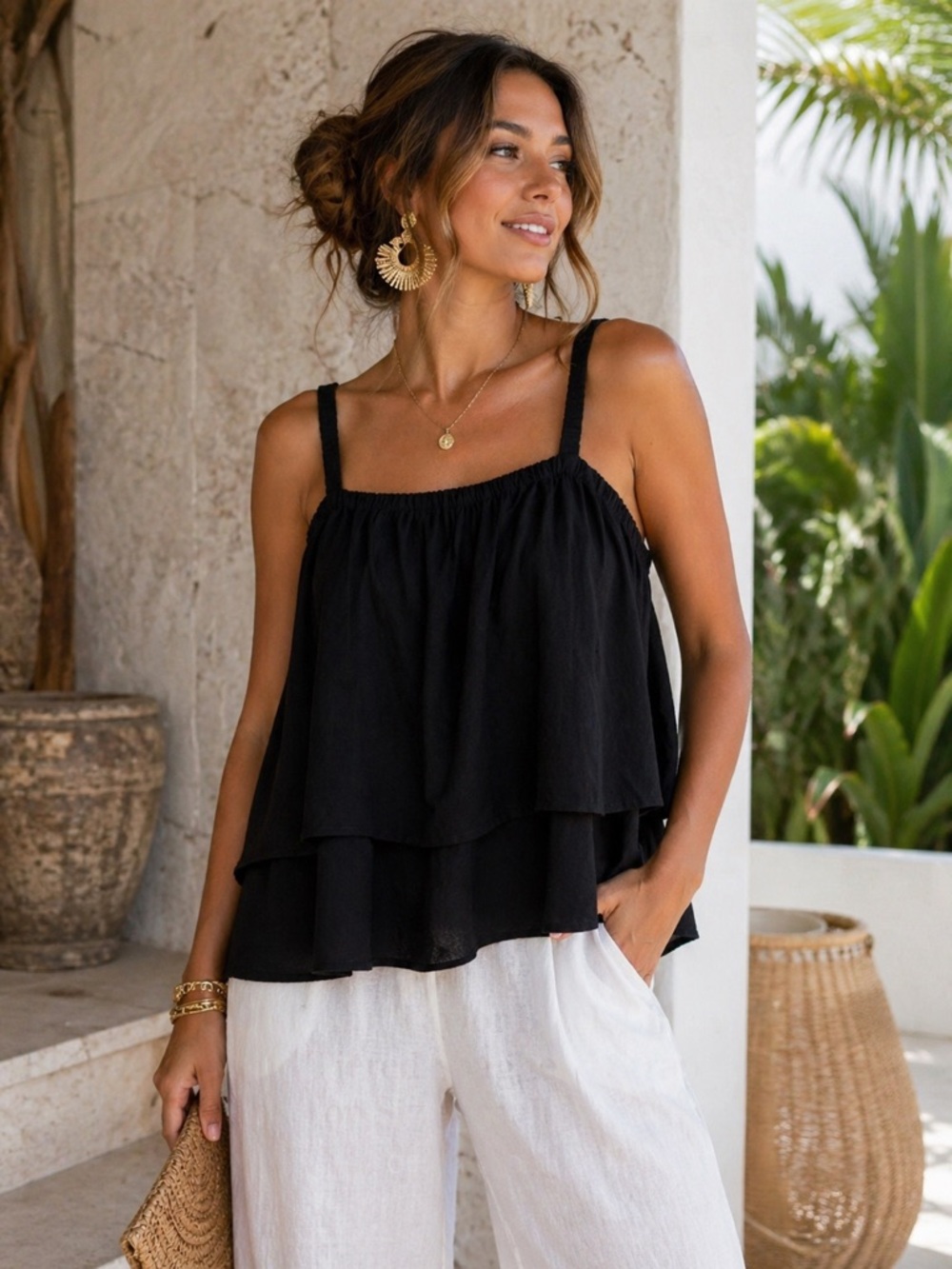 LOFT Ann Taylor Black Linen Blend Tiered Spaghetti Strap Tank Top Size Small